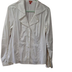 Vintage Eye White Pleated Ruffle Collared Long Sleeve Button Down Shirt Top 10